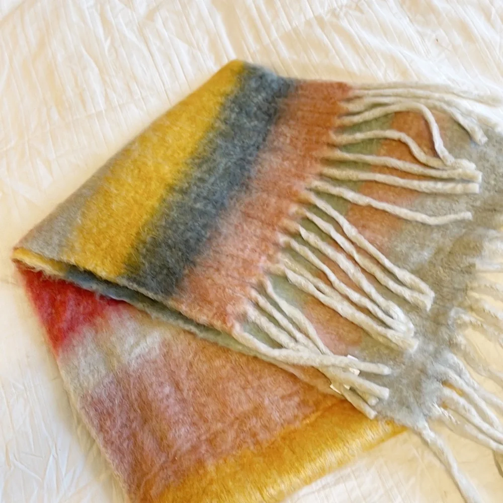NEW Jessica Simpson Striped Rainbow Thick Wrap Neck Scarf Fringe Large Chunky